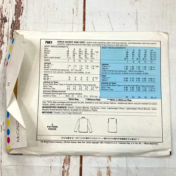 McCall’s #7681 Girls’ Jacket And Vest Patterns VTG 1981 DIY - Picture 3 of 13